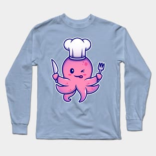 Octopus Chef Holding Knife And Fork Cartoon Long Sleeve T-Shirt